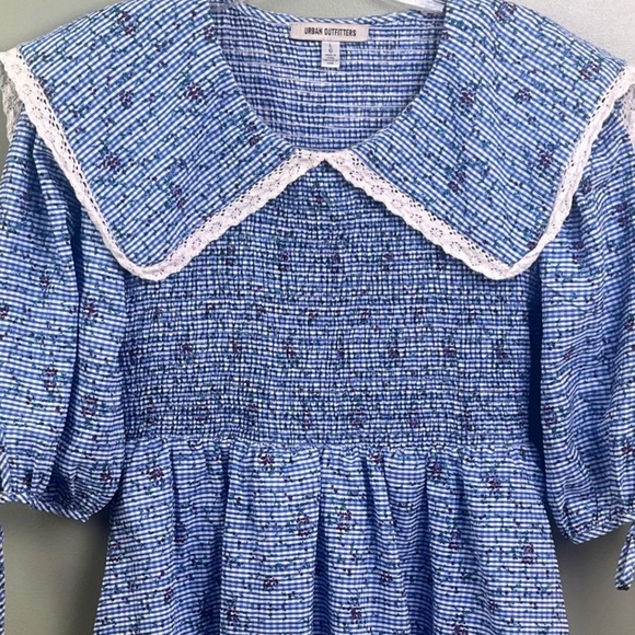 Urban Outfitters Marseille Blue White Gingham Smocked Babydoll Mini Dress Large - Picture 2 of 7